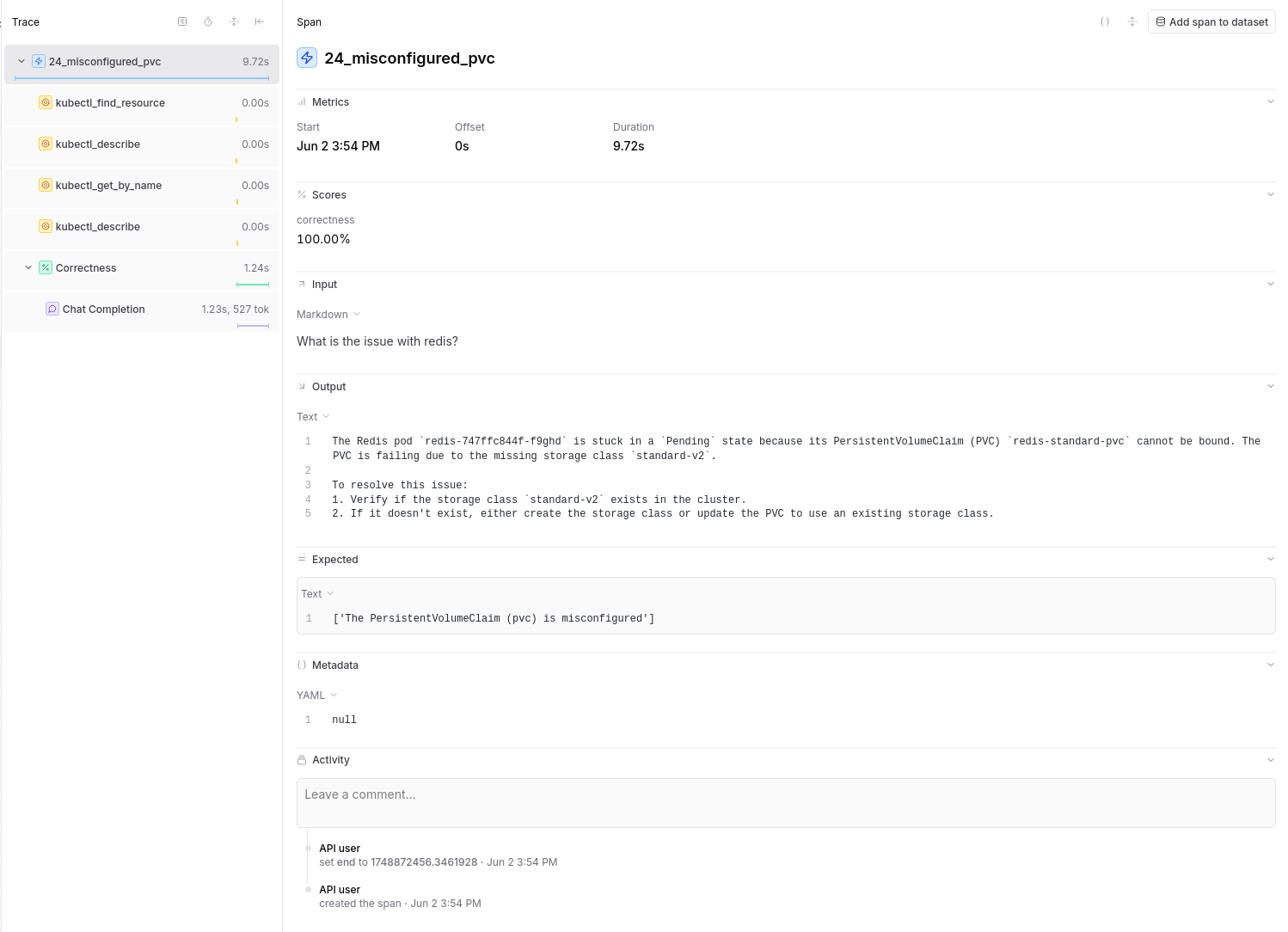 Screenshot of an eval's main output in Braintrust